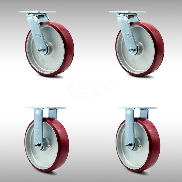 8 Inch SS Poly on Aluminum Caster Set with Ball Bearings 2 Swivel 2 Rigid SCC